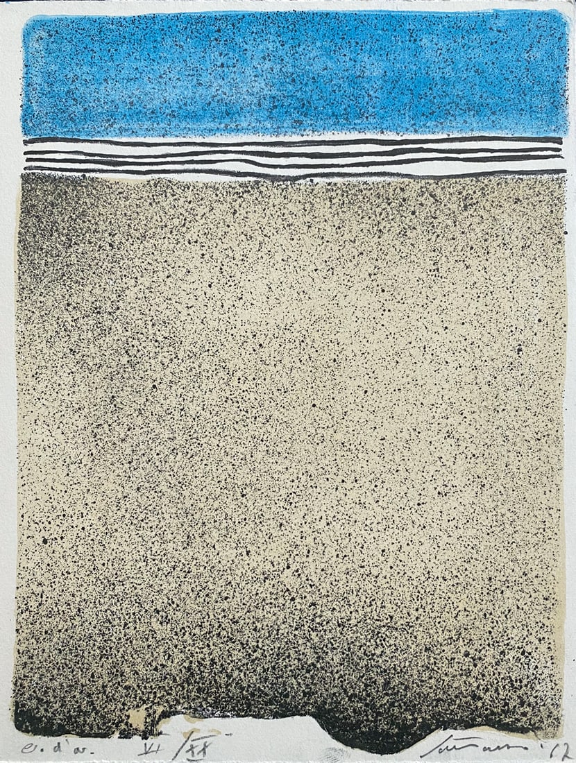 Giuseppe Santomaso signed and numbered Lithograph. 1966. One of twenty copies.: Lithograph in Blue Yellow and Black by Giuseppe Santomaso. Signed, dated, and numbered in pencil by the artist. Part of the portfolio Hommage a Hans Arp, St Gallen, Galerie im Erker, 1966/67. 6 ¾