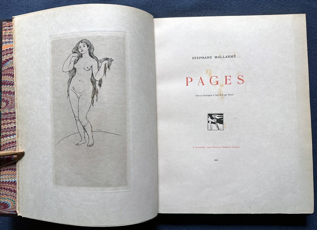 Renoir, Mallarme: Page. 1981 DeLuxe with Renoir lithograph in double states.: MALLARMÉ Stéphane, RENOIR Pierre Auguste. Pages. Brussels, Edmond Deman, 1891. Quarto, half brown morocco with corners, gilt top edge, original covers preserved. Binding by Canape. First edi