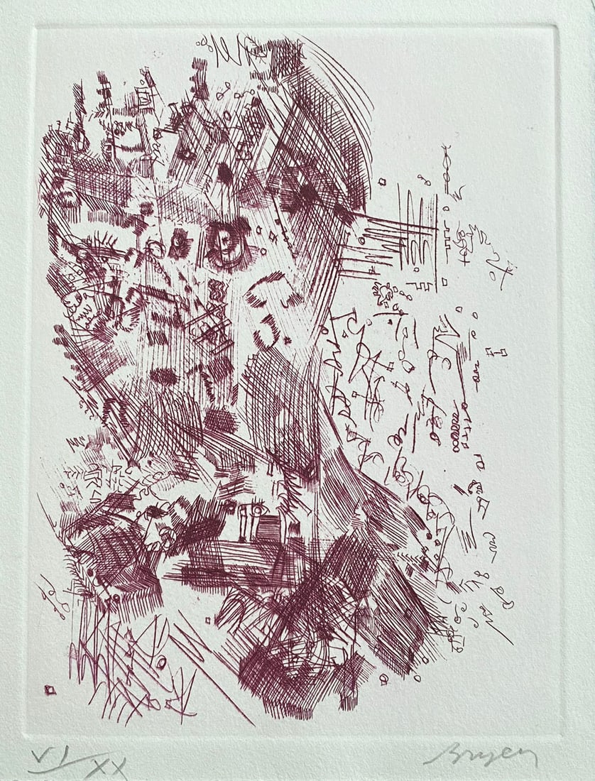 Camille Bryen signed and numbered etching. 1966. One of twenty copies.: Etching in dark red by Camille Bryen. Signed and numbered in pencil by the artist. One of twenty copies numbered in roman numerals. Part of the portfolio Hommage a Hans Arp, St Gallen, Galerie im