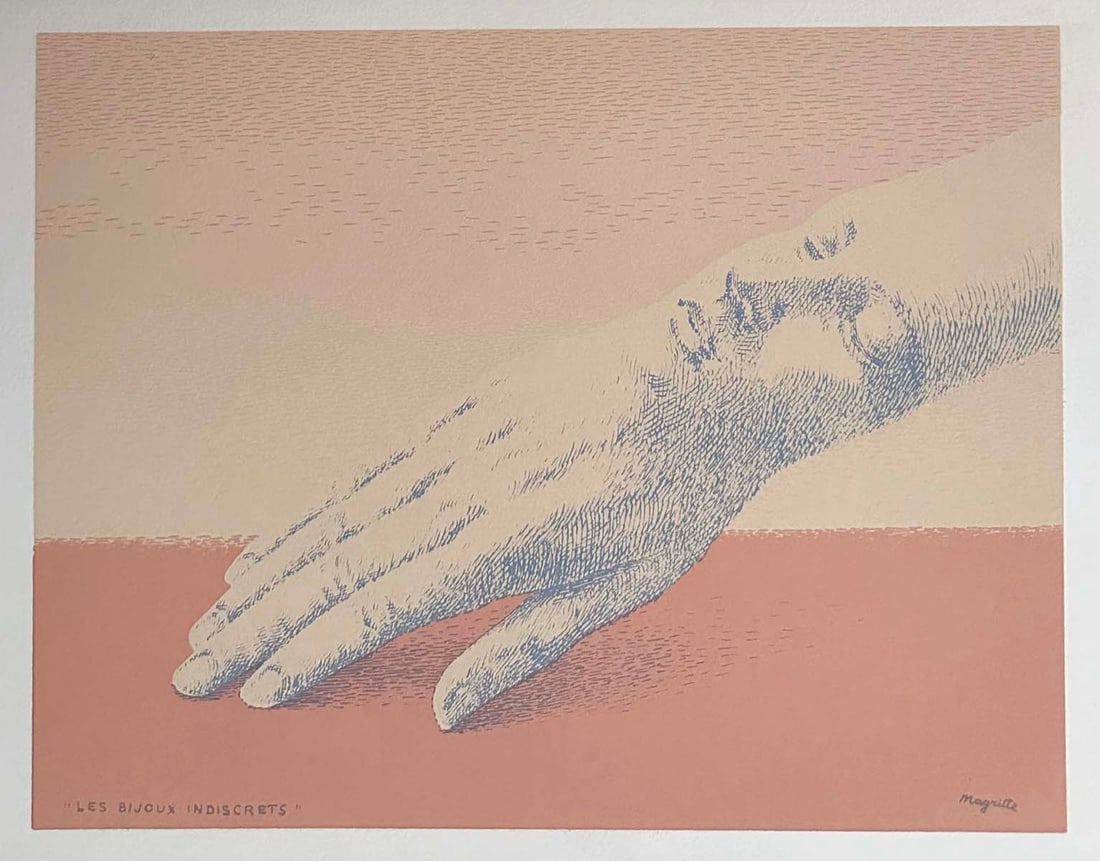 Rene Magritte. Lithograph Les Bijoux Indiscrets. 1975. One of 575 copies: Lithograph in color by Rene Magritte Les Bijoux Indiscrets. Printed in Arches wove by Fernand Mourlot in Paris. Original lithograph for the portfolio "San Lazzaro et ses amis", honoring Gualtieri di