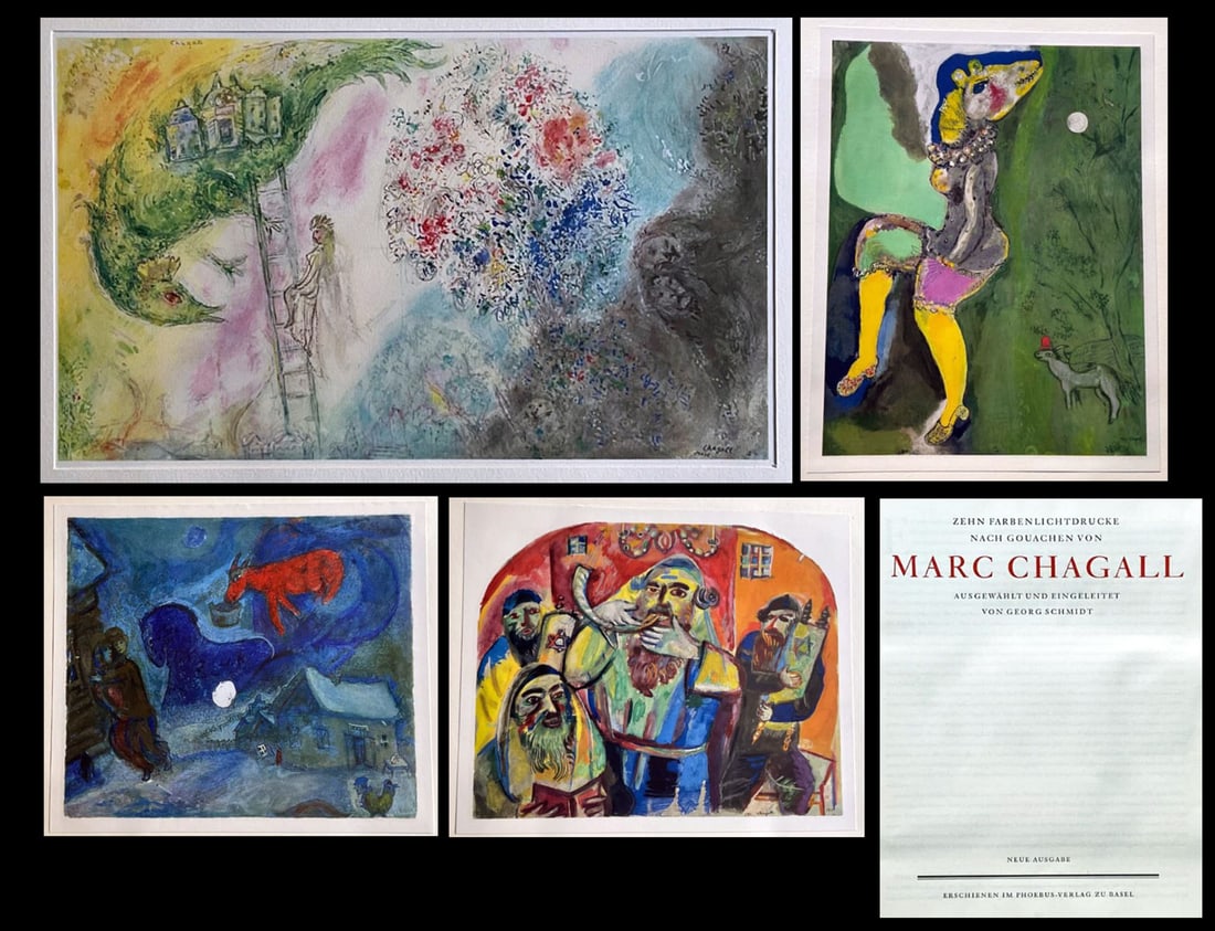 Chagall: Suite of Ten Color Prints After Gouaches, 1959: Marc Chagall Ten color collotypes from gouache by Marc Chagall from 1959. Selected and presented by Georg Schmidt, published by Phoebus Verlag in Basel. The 10 prints are in very good condtions and