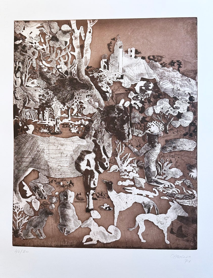 Jorge Castillo Signed etching. 1972. One of 80 copies.: Berlin, Propylaen Verlag, 1972. Original color etching printed on handmade paper from the portfolio Nach dem Surrealismus. Signed and numbered by the artist. One of 80 numbered copies. Printed by
