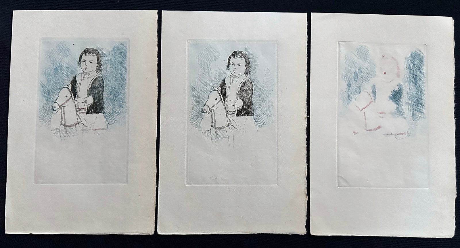 Marie Laurencin. Petit Bestiaire. With 8 etchings + a suite of decompositions. 1944.: LAURENCIN (Marie) & JOUHANDEAU (Marcel). Paris, NRF, 1944. Softh cover, in hard chemise and slipcase. Illustrated with eight etchings in color by Marie Laurencin. Total edition of 358 copies on