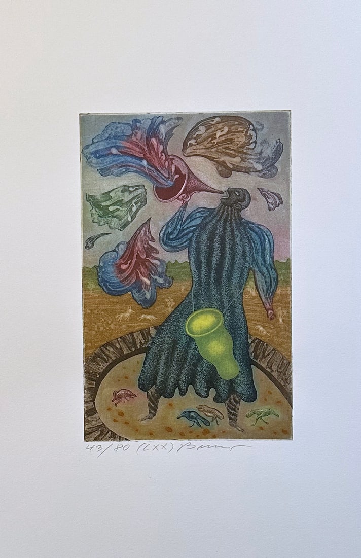 Signed etching by Erich Brauer. 1972. One of 80 copies.: Berlin, Propylaen Verlag, 1972. Original color etching printed on handmade paper from the portfolio Nach dem Surrealismus. Signed and numbered by the artist. One of 80 numbered copies. Printed by