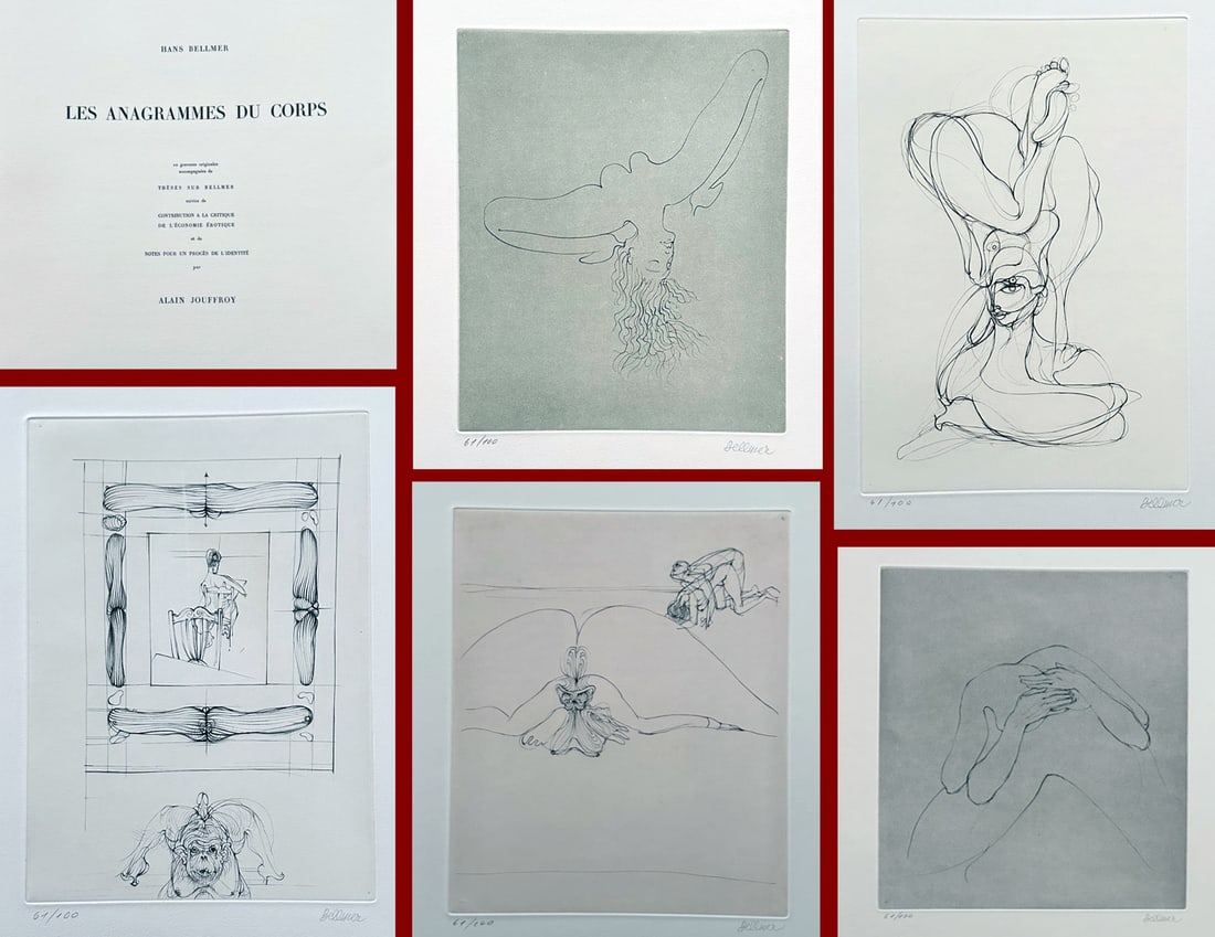 Bellmer. Les Anagrammes du Corps. Portfolio with 10 etching signed/numbered. Surrealisme.: Les Anagrammes du Corps. Edition Georges Visat, Paris 1973. Portfolio with 10 etchings by Hans Bellmers, signed and numbered in pencil, accompanied by Alain Jouffroy essay, critique, and notes.
