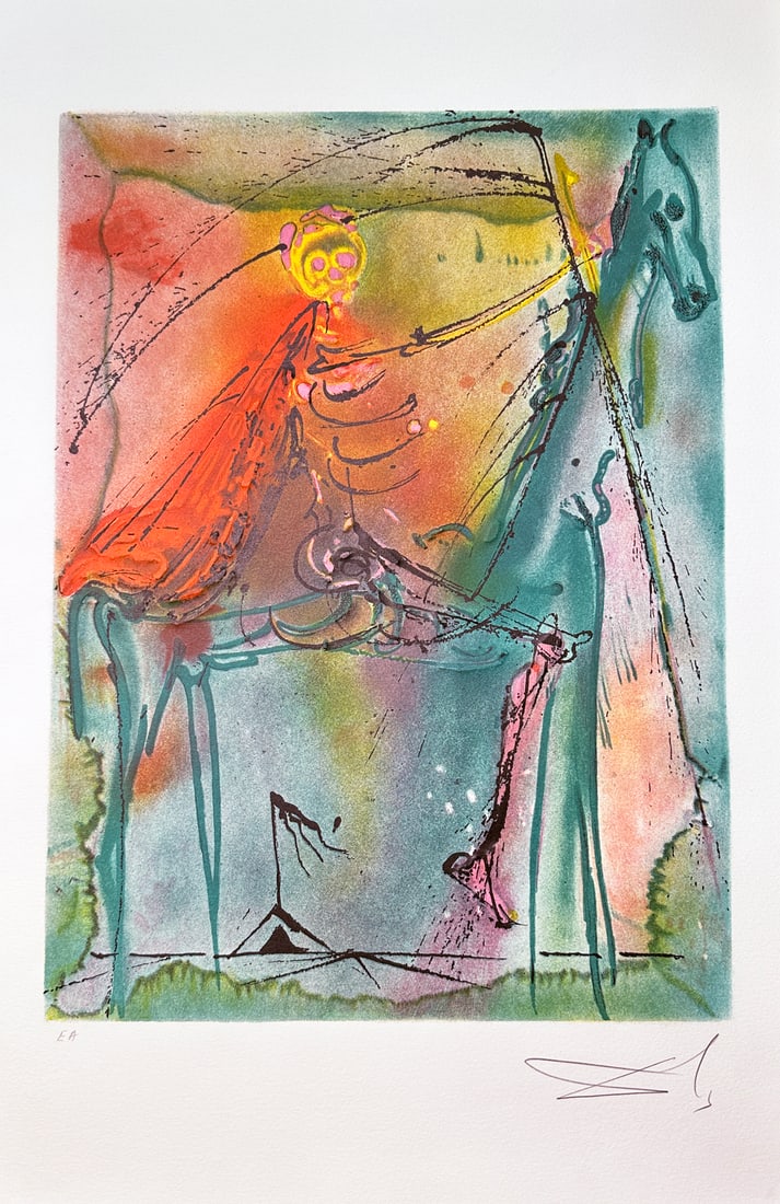 Les chevaux de Dali. The Horse of Death. E.A. Signed in pencil: The Horse of Death. Lithograph in color with embossing, numbered E.A. and signed Dali in pencil. From Les chevaux de Dali edition 1983. We do not guarantee authenticity of the signature. Dimension: 22