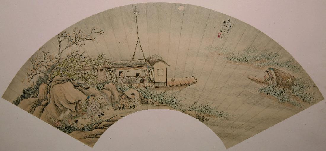 A fan painting of Figural by Wang Wei: H:6.7inches/17cm W:51inches/51cm