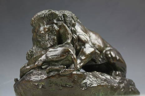 Bronze figure Lion devouring a boar signed by Barye: Bronze figure Lion devouring a boar signed by Antoine-Louis Barye Christie's lot 24, April 5, 2003. H: 6.75 W: 10.5 inches