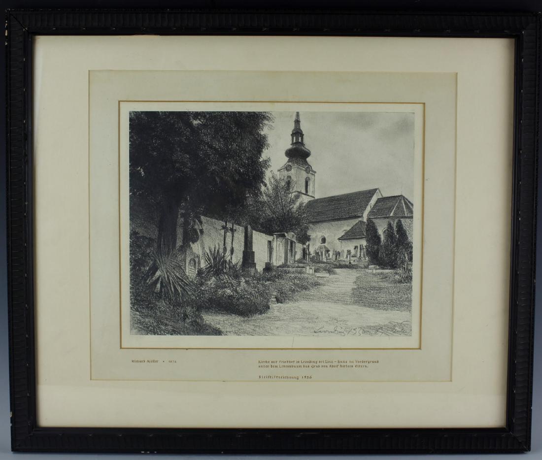 Richard Muller 1874 - 1954 Pencil Drawing Of Adolf: Estate find of an original framed Richard Muller 1936 pencil drawing of Adolf Hitler's parents' graves. It was presented to Adolf Hitler by Richard Muller (1874 - 1954). Translation: Church with cemet