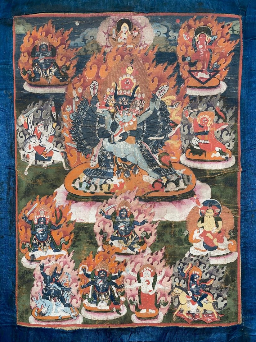 A 19th Thangka of Thangka of Vajrabhairava Yamantaka: A 19th Century Tibetan Thangka of Thangka of Vajrabhairava Yamantaka. A Tibetan 19th C., Depicting Vajrabhairava, distemper on cloth. Overall Height 28 in. (71.12 cm) Width 13 in. (33.02 cm). Painting