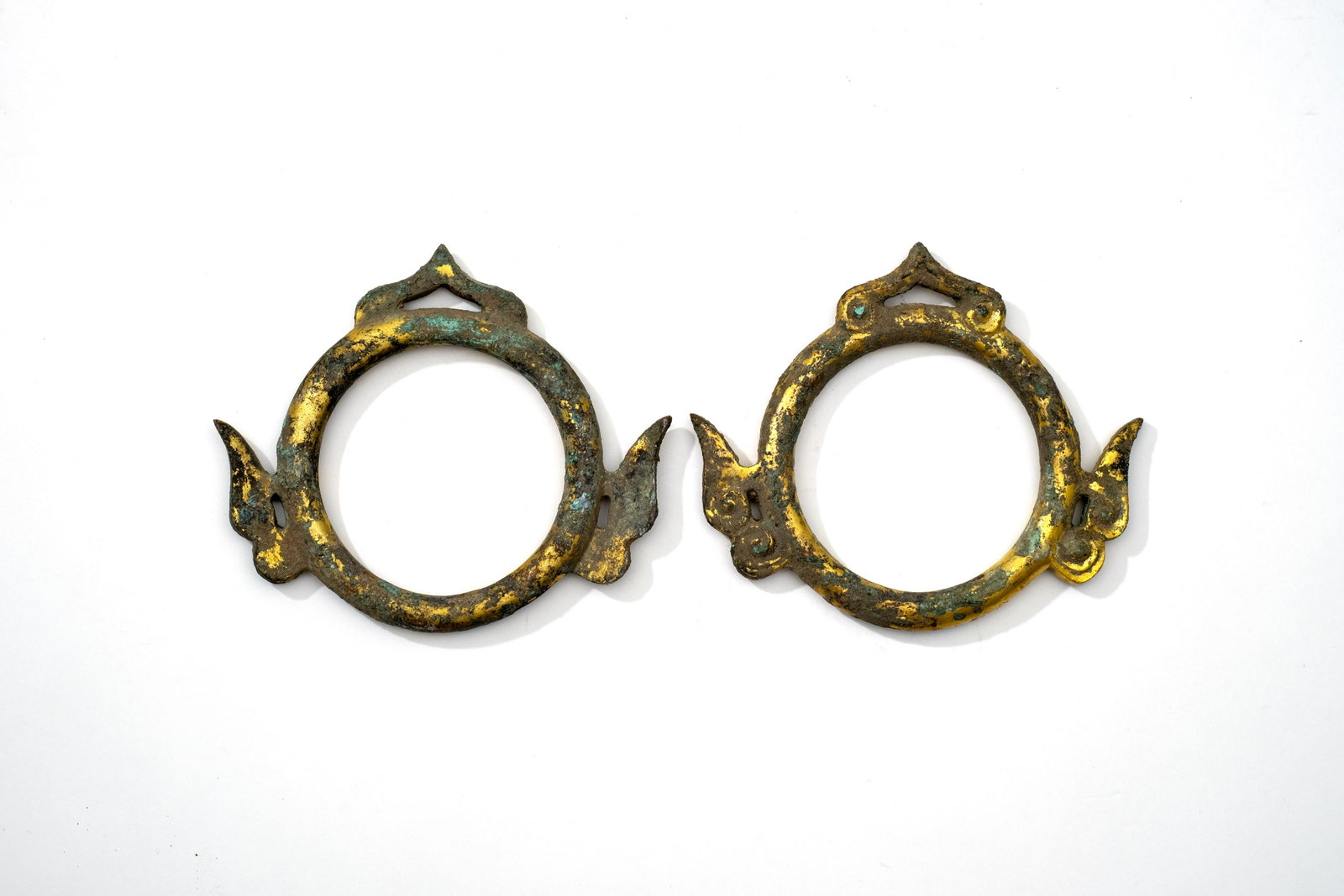 A Pair of Gilt Bronze Accessories for Chariot: A Pair of Gilt Bronze Accessories for Chariot, Han Dynasty. W: 3.2 in. (8 cm)
