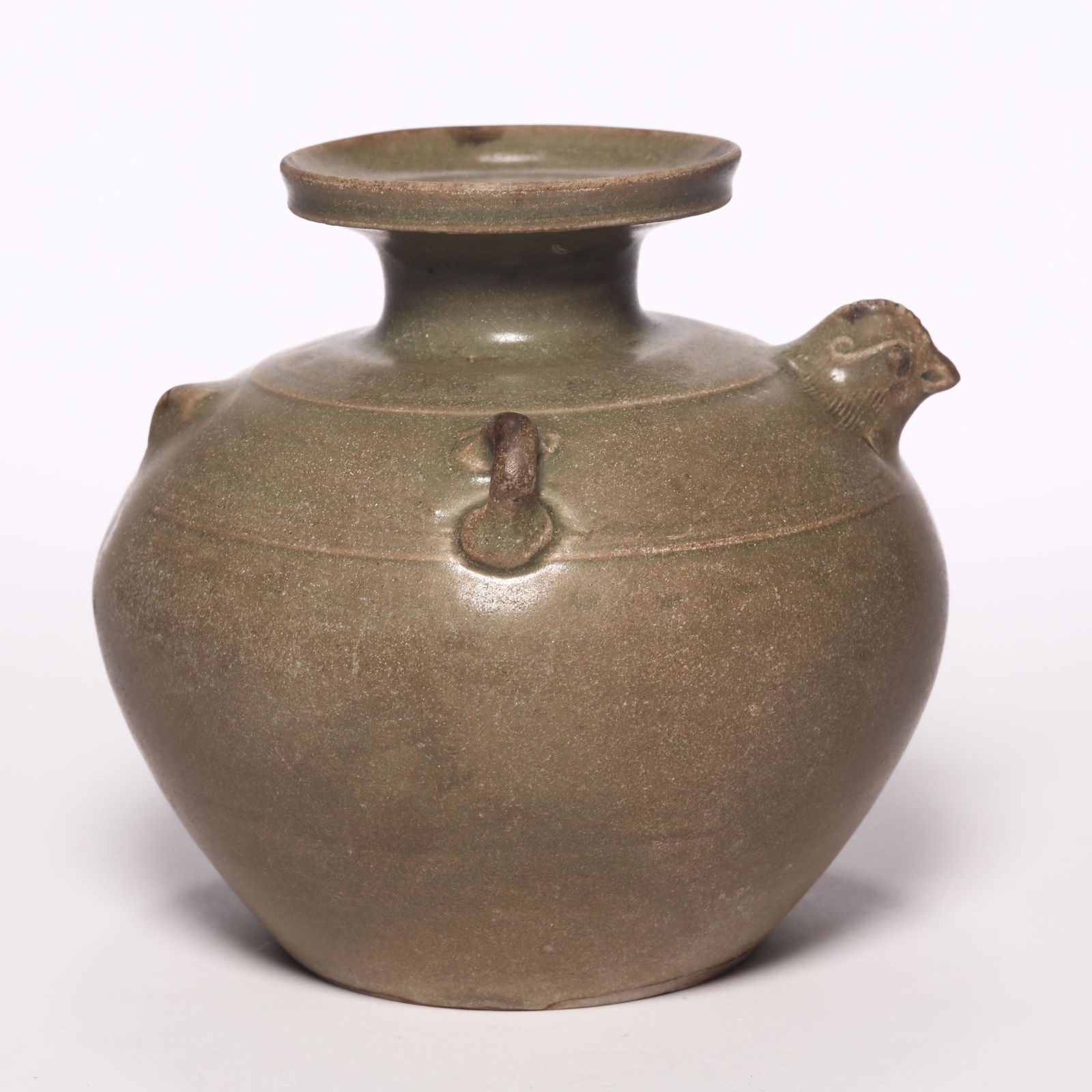 Celadon Glazed Rooster Formed Pot with Two Loops: Celadon Glazed Rooster Formed Pot with Two Loops. H: 4.3 in. (11 cm) D: 4.3 in (11 cm)