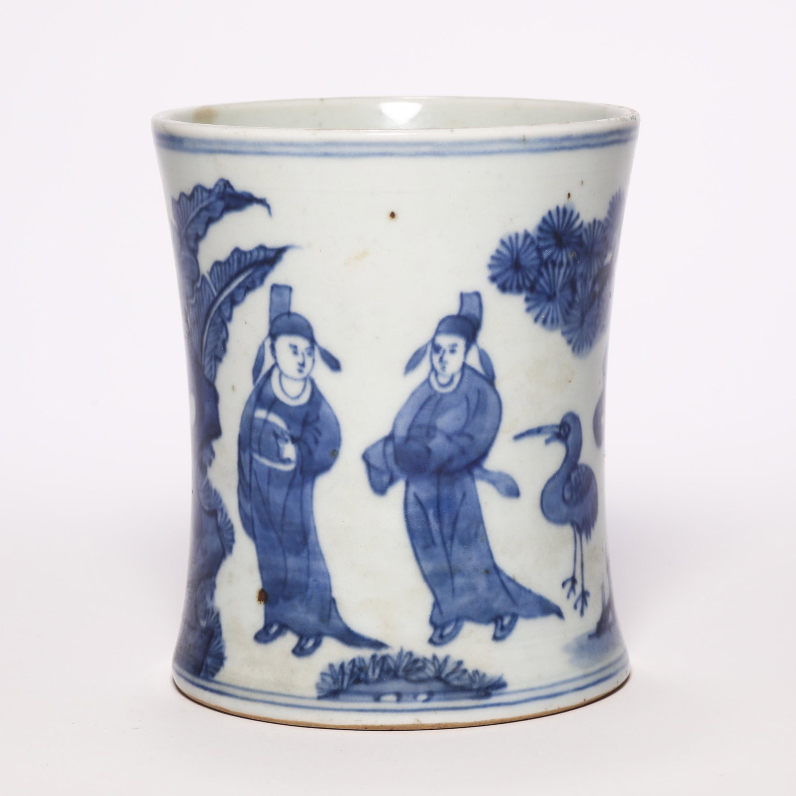 A Blue and White Figural Brush Pot Bitong: A Blue and White Figural Brush Pot Bitong. H: 4.2 in. (10.8 cm) D: 3.7 in (9.3 cm)