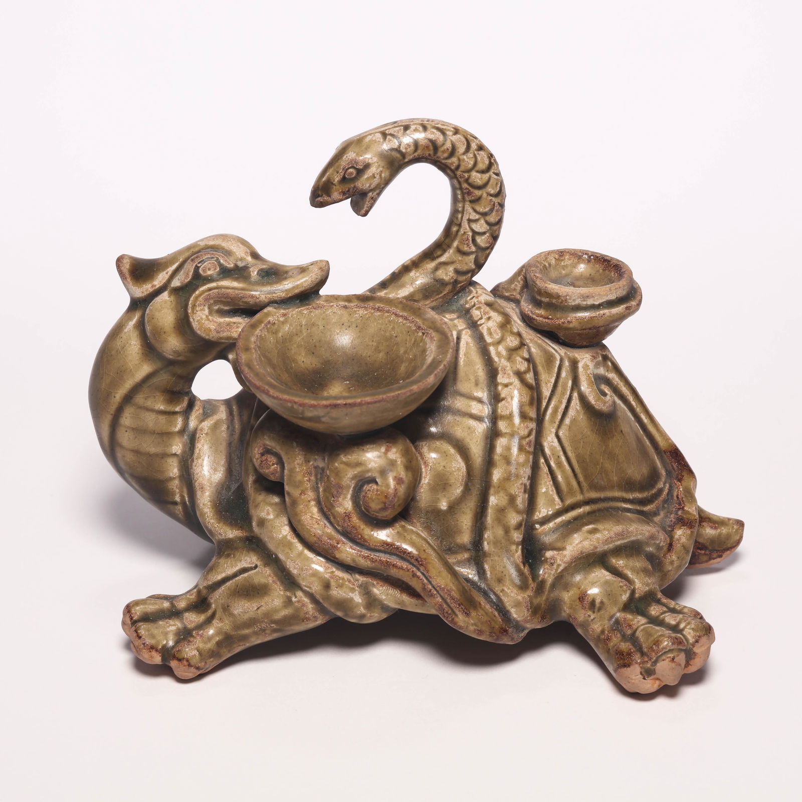 A Brown-Glazed Turtle and Serpent Oil Lamp (1 of 9)