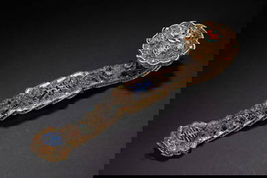 A Grand Gilt Enameled and Gemstones Inlaid Ruyi