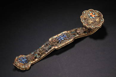 A Grand Gilt Enameled and Gemstones Inlaid Ruyi