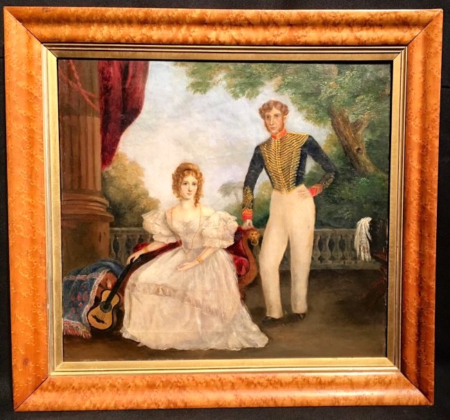 EXQUISITE AMERICAN BURL FRAMED WEST POINT CADET & LADY: AMERICAN BURL FRAMED "West Point Cadet and Lady" American School. Unsigned. 19th Century. Oil on Canvas. Dimensions: Subject Size: 17.25” H X 18”W. Overall Size: 21.5” H X 23”W.
