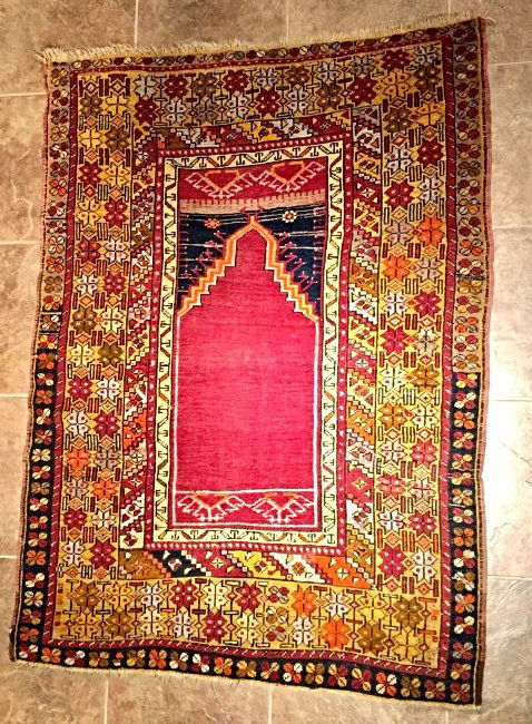 TURKISH ANTIQUE PRAYER MONSOL MEASURES 3'9" X 5'2": 3'9" X 5'2". CIRCA 19TH CENTURY. TURKISH ANTIQUE PRAYER MONSOL