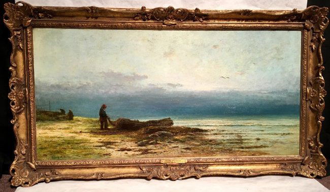 "MISTY MORNING" BY JAMES ALFRED AITKEN: "Misty Morning" By James Alfred Aitken. British, (1846-1897). Oil on Canvas. Signed James A Aitken and DATED 1874. Dimensions: Subject size: 22.5" H x 45.5" W. Overall size: 28.5" H x 51.25" W. Beauti