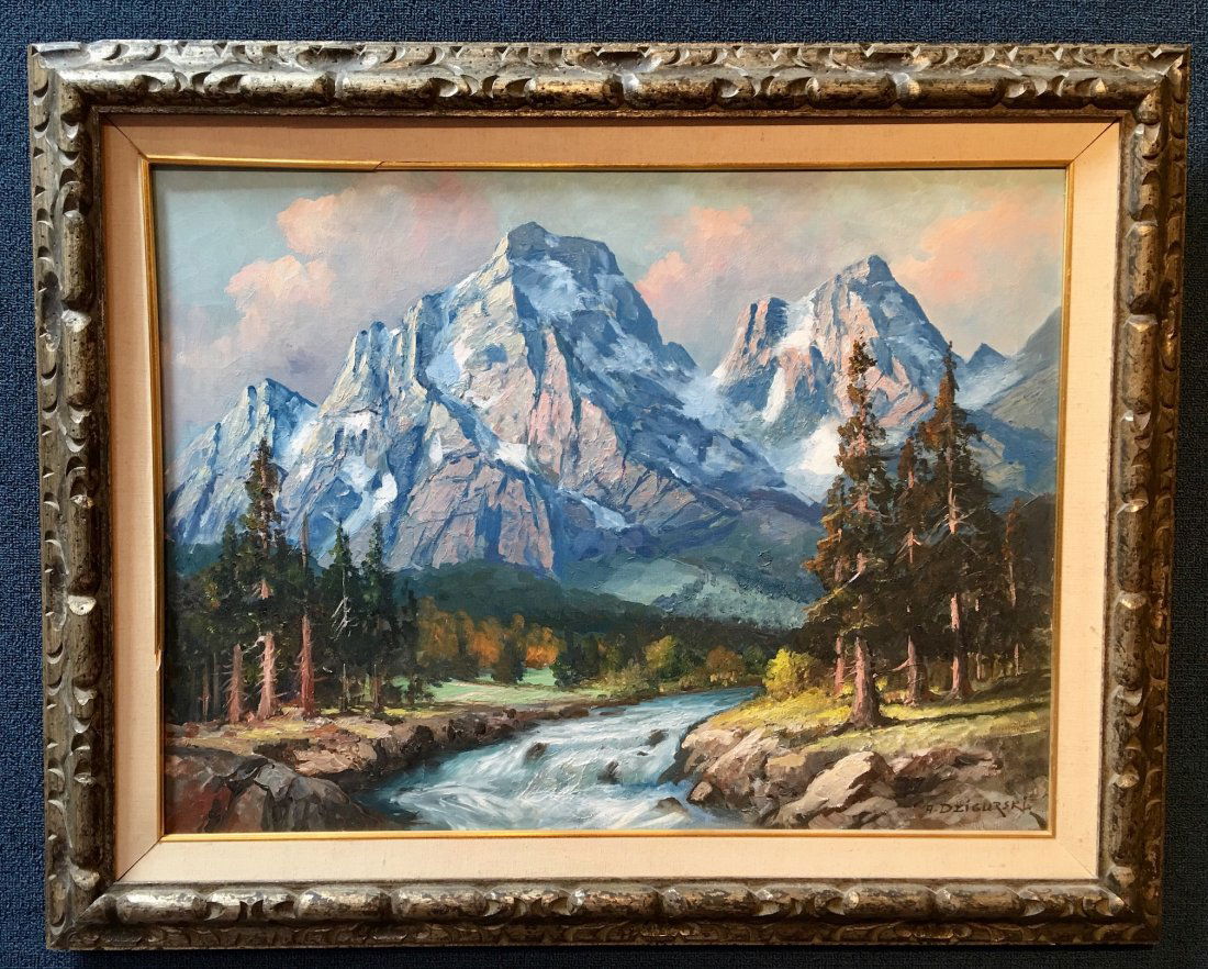 MOUNTAIN LANDSCAPE BY ALEXANDER DZIGURSKI: OIL ON CANVAS, FRAMED, SIGNED. ALEXANDER DZIGURSKI CALIFORNIA 1911. OVERALL SIZE: 32"H X 40.5"W. SUBJECT SIZE: 24"H X 32"W.