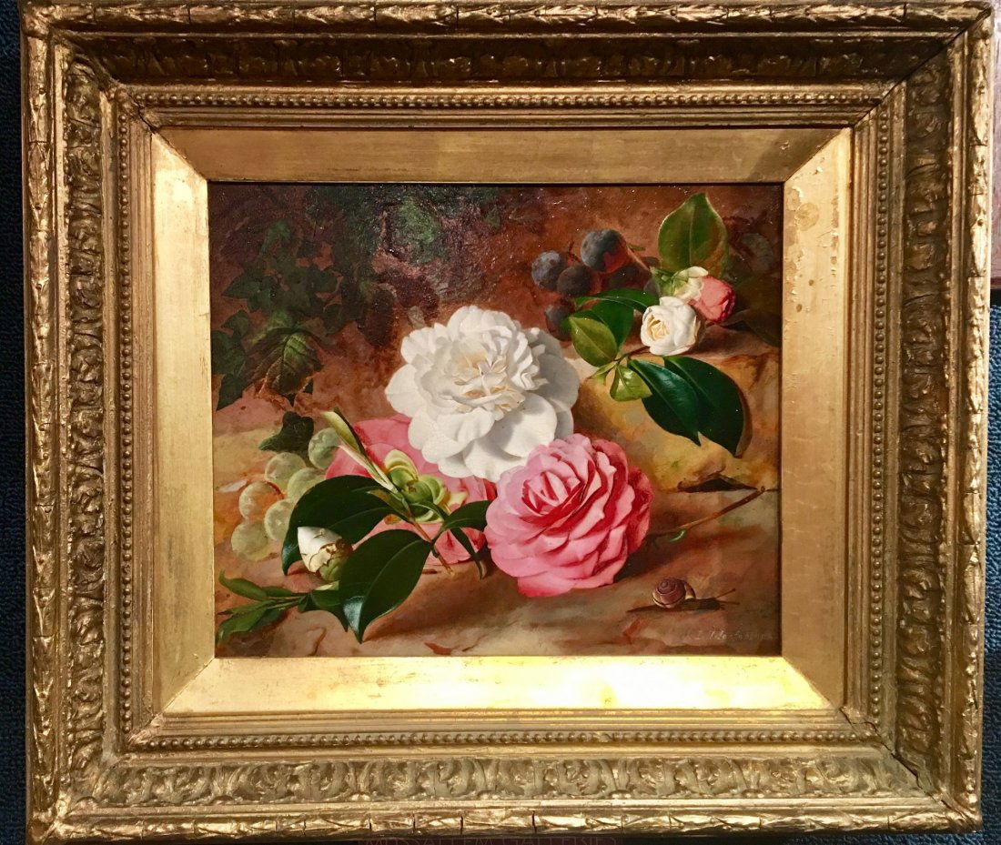 ROSES WITH SNAIL BY JOHN MACFARLANE: ENGLISH 19TH CENTURY. OIL ON BOARD, FRAMED.