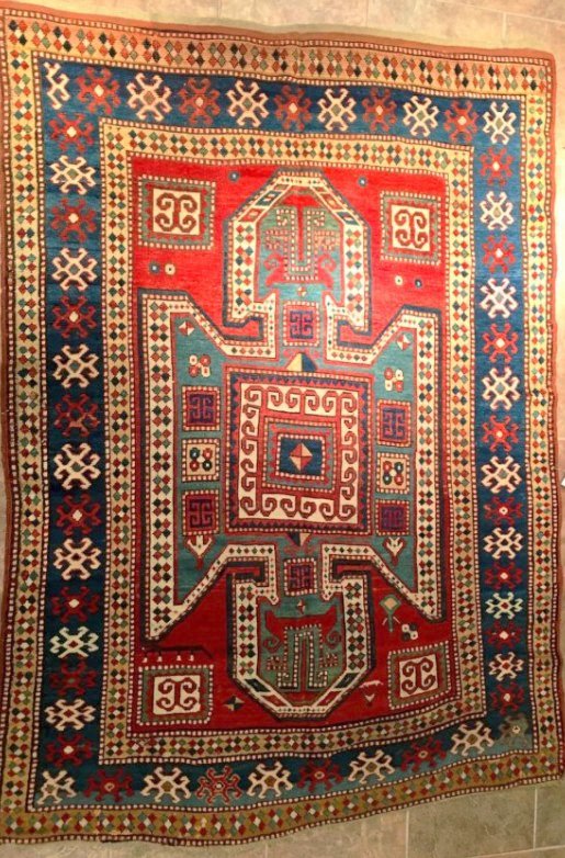 5’X6’11” ANTIQUE BLUE AND RUST SHIELD KAZAK (1 of 6)