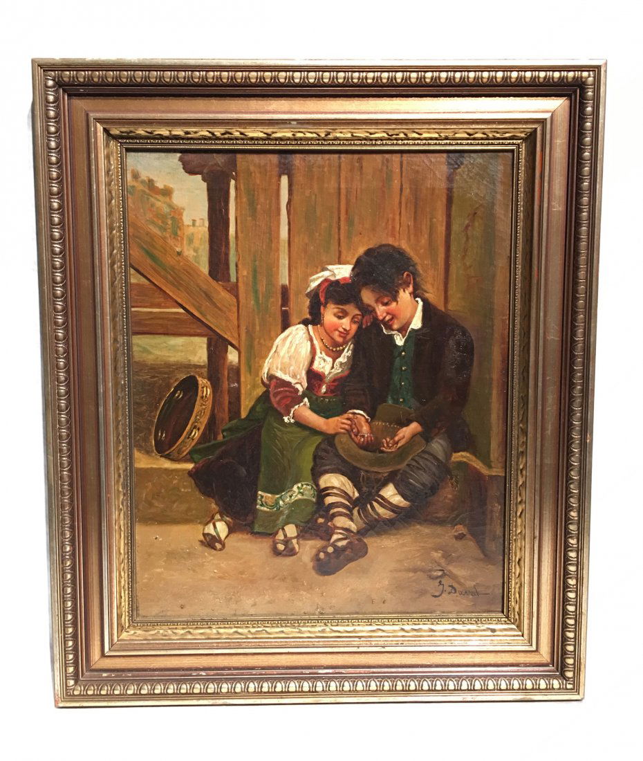 YOUNG LOVE BY GEORGES DUVAL FRENCH: "YOUNG LOVE" BY GEORGES DUVAL FRENCH 1920-1993. OIL ON CANVAS , FRAMED, SIGNED LOWER RIGHT. OVERALL SIZE: 26" X 22". SUBJECT SIZE: 20" X 16".