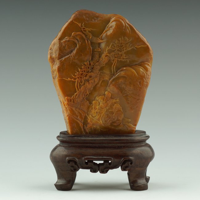 A CHINESE TIN YELLOW SHOUSHAN STONE CARVED LANDSCAPE (1 of 4)