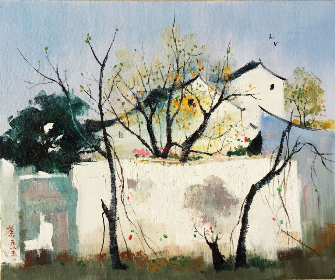 A CHINESE OIL PAINTING (ATTRIBUTED TO WU GUANZHONG): A CHINESE OIL PAINTING (ATTRIBUTED TO WU GUANZHONG) Chinese oil painting, Jiangnan landscape; signed. Size: 23.5 x 19.5"
