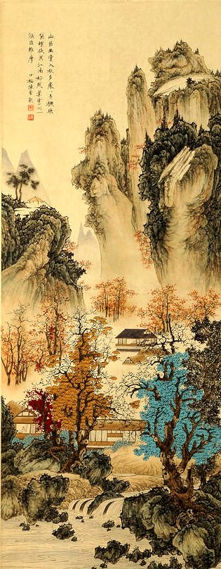 CHEN SHAOMEI, A CHINESE INK AND COLOR SCROLL PAINTING: 陳少梅 《秋風晚霞圖》 A Chinese ink and color scroll painting attributed to Chen Shaomei; Dimension painting: (36 x 14 ”).