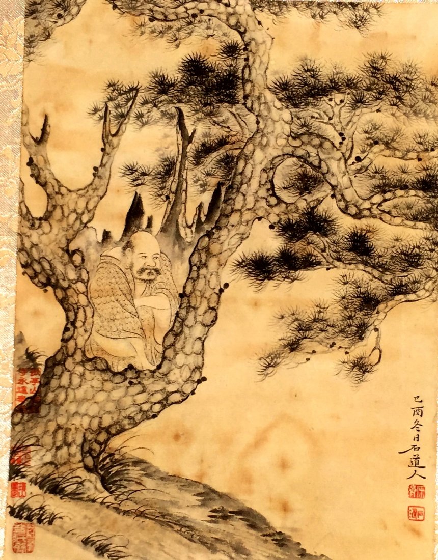 SHI TAO, A VINTAGE CHINESE INK AND COLOR PAINTING: 石濤《道士松圖》 A vintage Chinese ink and color painting attributed to Shi Tao; Pinetree and Scholar; signed, with seal marks. Dimension of Painting: 8