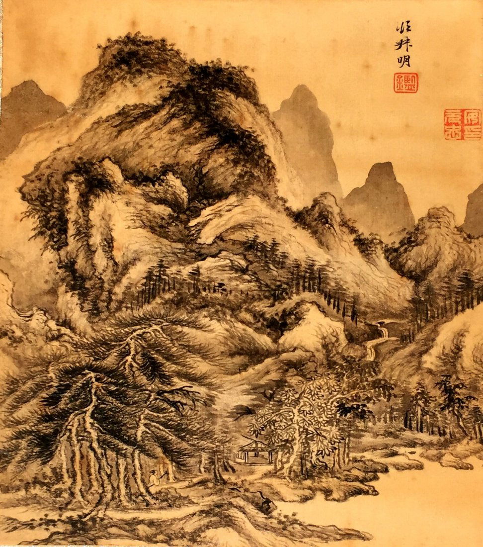 Jian Wang, A VINTAGE CHINESE INK AND COLOR PAINTING: 王鉴明 《深山居士圖》 A vintage Chinese ink and color painting attributed to Jian Wang Ming; landscape; signed, with seal marks. Dimension o