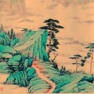 Attributed to Zhang Daqian (Chinese Scroll Painting): Attributed to Zhang Daqian (Chinese Scroll Painting); Green Landscape painting. This painting describes the mountains, distant mountains, characters, clouds trees, and rocks. with artist's signature a