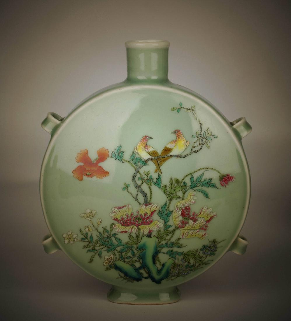 Chinese pea green glaze Famille rose porcelain vase (1 of 9)