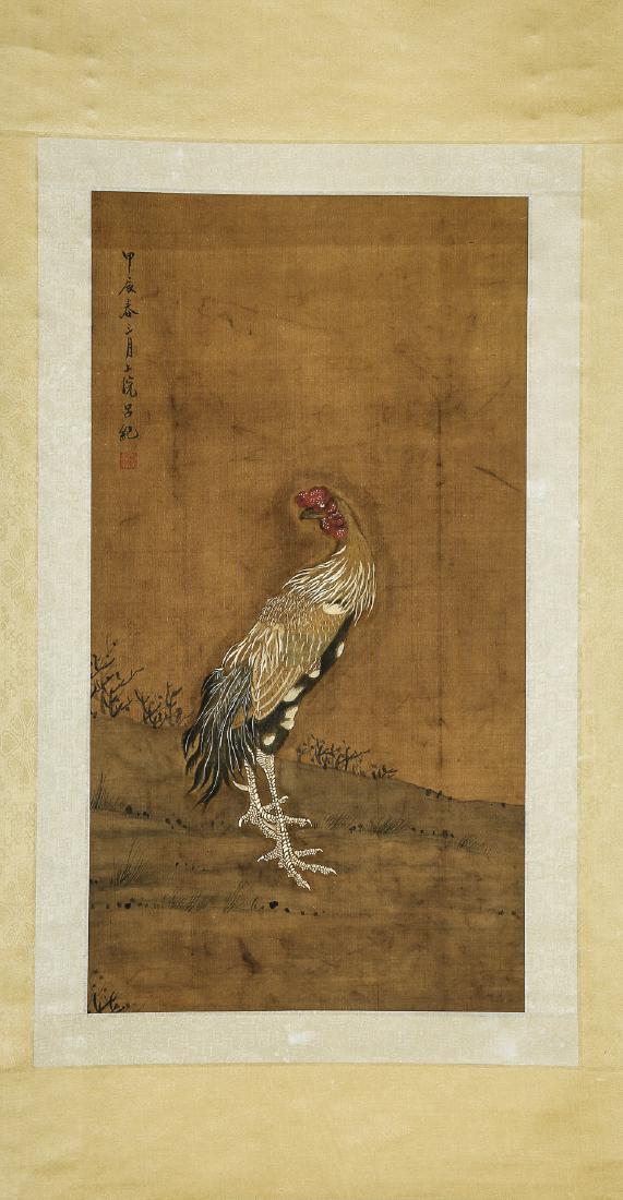 A Chinese Ink and Color Scrolling Painting on Silk: 呂紀 《大吉圖》 A Chinese Ink and Color Scrolling Painting on Silk Attribute to Lv Ji Signed, with a seal. Dimension: 24" x 23" *我們所ć