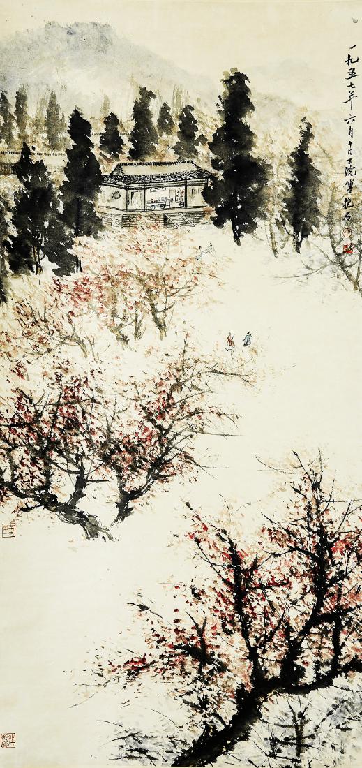 A Chinese Ink and Color Scrolling Painting, Fu Baoshi: 傅抱石 《古人踏春圖》 A Chinese Ink and Color Scrolling Painting Attribute to Fu Baoshi Signed, with four seals.Dimension: 55" x 27" *ৎ