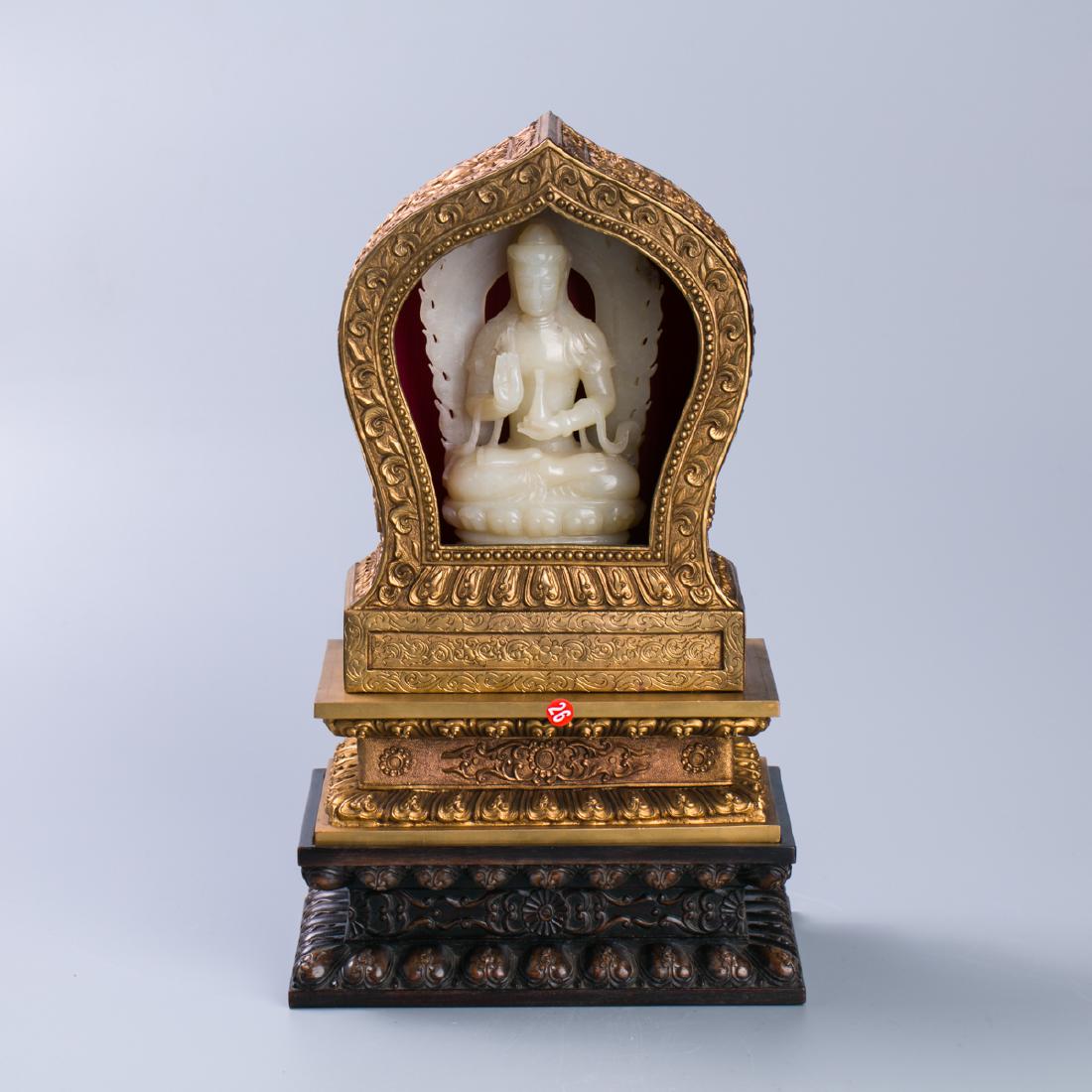 WHITE JADE BUDDHA ON GILT BRONZE AURA THRONE (1 of 13)