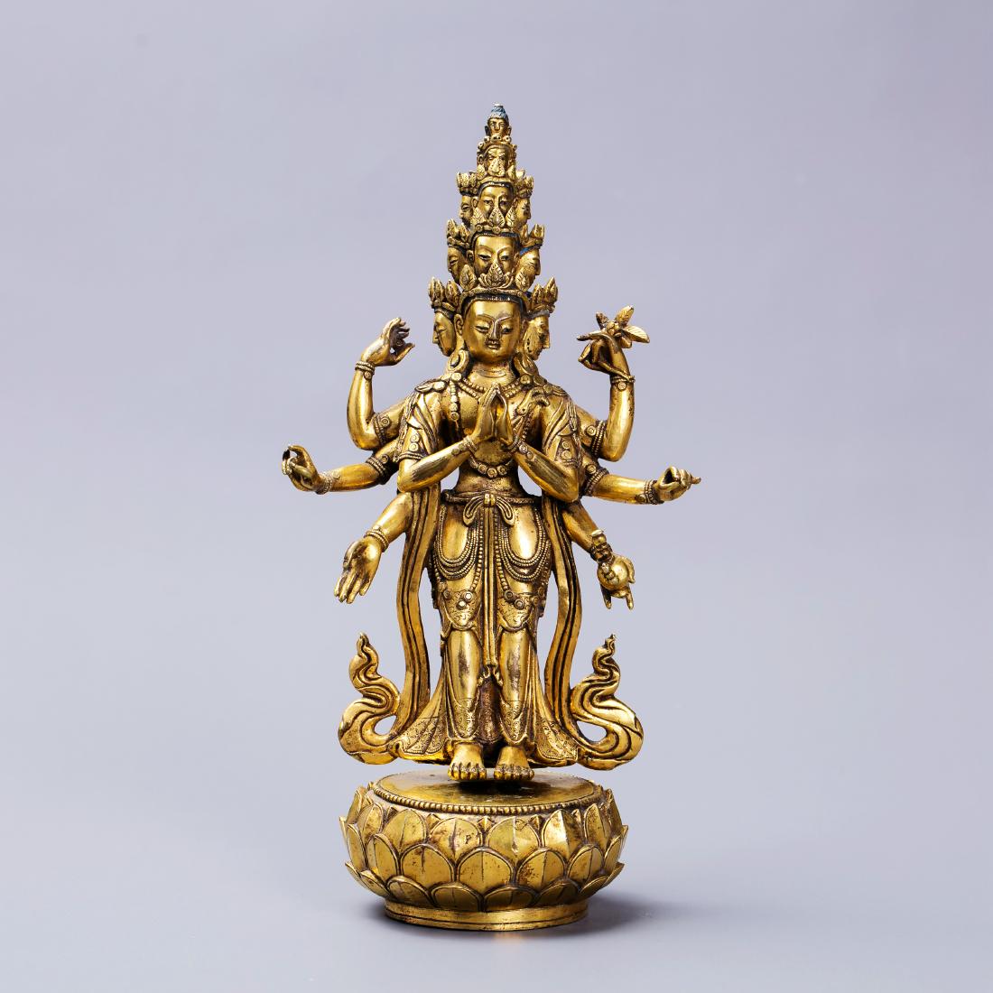 Vintage Chinese Gilt Bronze Buddha Figure: 銅鎏金十面觀音 H 9.27" W 5.1".1511g