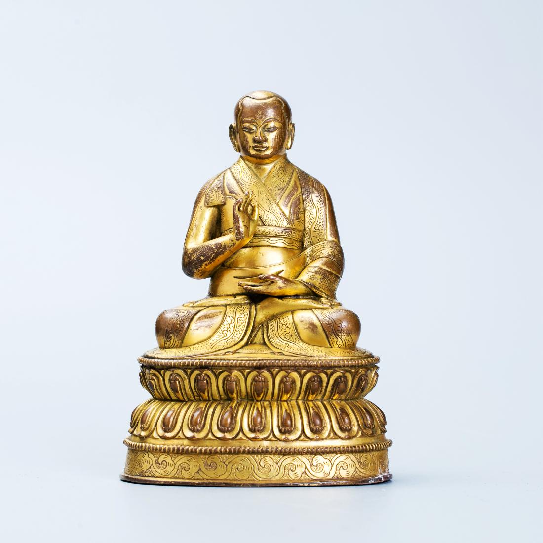 Vintage Chinese Gilt Bronze Buddha Figure: 銅鎏金上師佛 H5.45" W4.21". 1216g