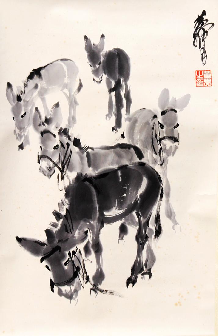ATTRIBUTED TO HUANG ZHOU: "DONKEY " SCROLL PAINTING: Chinese ink and wash Donkeys painting on paper scroll; signed and two seal marks. Dimension painting: 32 x 19"