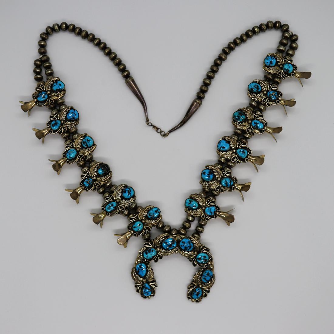 H.B.Y.Squash Blossom Necklace Sleeping Beauty Turquoise: Description: Sterling Silver Genuine Sleeping Beauty Nugget Turquoise Vintage Old Pawn Masterpiece Squash Blossom Necklace Navajo Native American Southwest Indian Jewelry Signed N.B.Y. Weight: 200 Gra