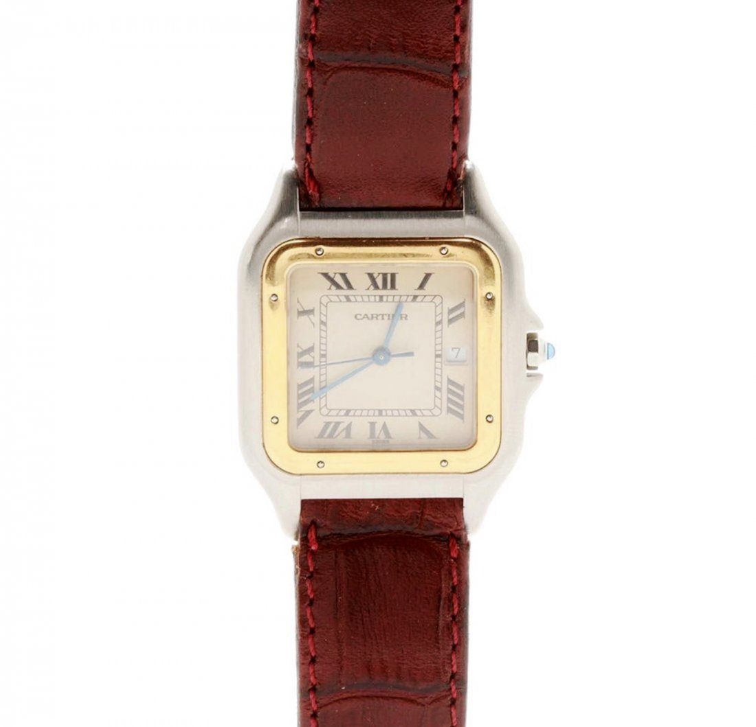 LADIES 18K GOLD CARTIER WATCH: A Cartier stainless steel with 18K yellow gold Santos wristwatch. This watch features a front stainless steel case accented by a gold bezel housing an ivory dial with black Roman numeral hour markers 