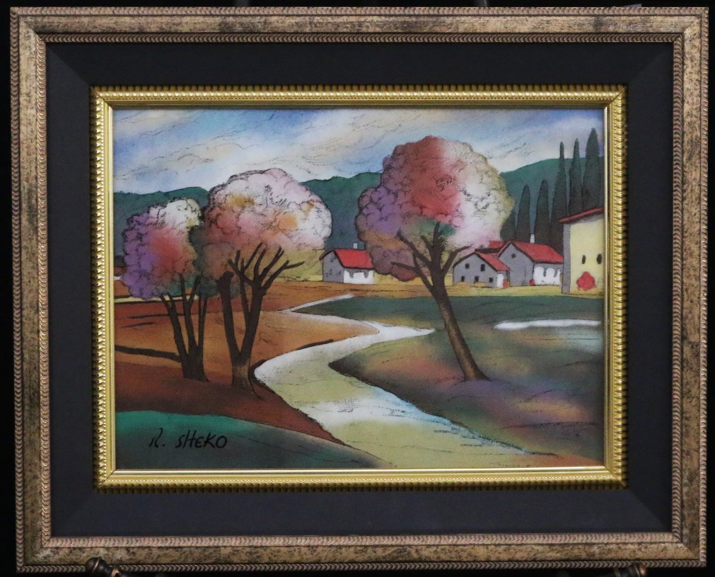 Summer In Tuscany by Robert Cheko: Framed Original Semi-Precious Stones on Glass by Robert Cheko Overall Dimensions: 17" x 21" x 1" Deep Sight: 11" x 15" Weight: 6.5 lbs.