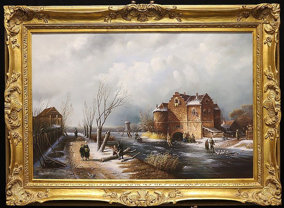 Untitled Dutch Winter Scene by Bossuet: Dutch Winter Scene Framed Oil on Canvas Signed by Bossuet Overall Dimensions: 33" x 44" x 4" Deep Sight: 24" x 24" Weight: 12 lbs.