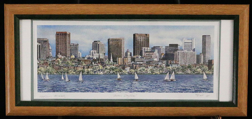 Boston Skyline by Kathleen McNally: Framed Lithograph by Kathleen McNally Artist Proof #4/145 Overall Dimensions: 11" x 22" x 1" Deep Sight: 8" x 17" Weight: 3 lbs.
