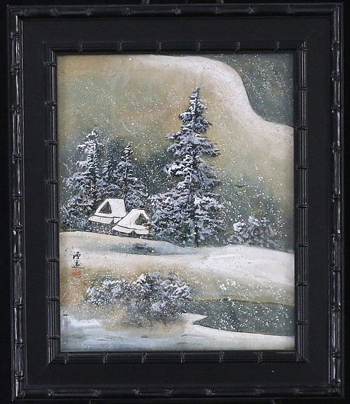 Mountains In Winter by Dyen: Framed Original Oil On Cork by Dyen Overall Dimensions: 26" x 22" x 1.5" Deep Sight is 19.5" x 15.5" Weight is 9.4 lbs.