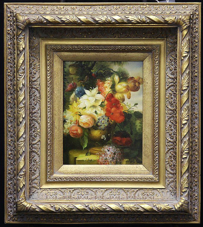 Flowers Still Life by William Steiner: Framed Oil on Board by William Steiner Overall Dimensions: 18.5" x 17" x 3.5" Deep Sight is 8 3/4" x 6 3/4" Weight is 7.6 lbs.