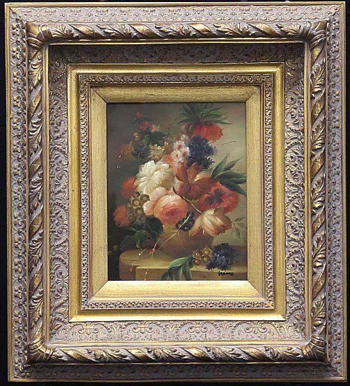 Flowers Still Life by William Steiner: Framed Oil on Board by William Steiner Overall Dimensions: 18.5" x 17" x 3.5" Deep Sight is 8 3/4" x 6 3/4" Weight is 7.6 lbs.
