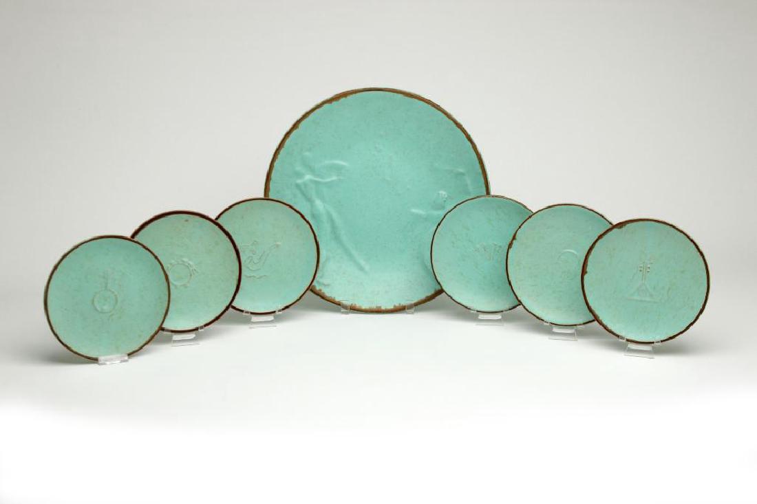 Einar Luterkort Upsala Ekeby 1930 'Jazz' Fruit Service: Einar Luterkort (1905-1981) for Upsala Ekeby; 1930 "Jazz" pattern fruit service, with large serving platter and six small plates, each with a different motif. Serving platter 13", Fruit plate 6.75".