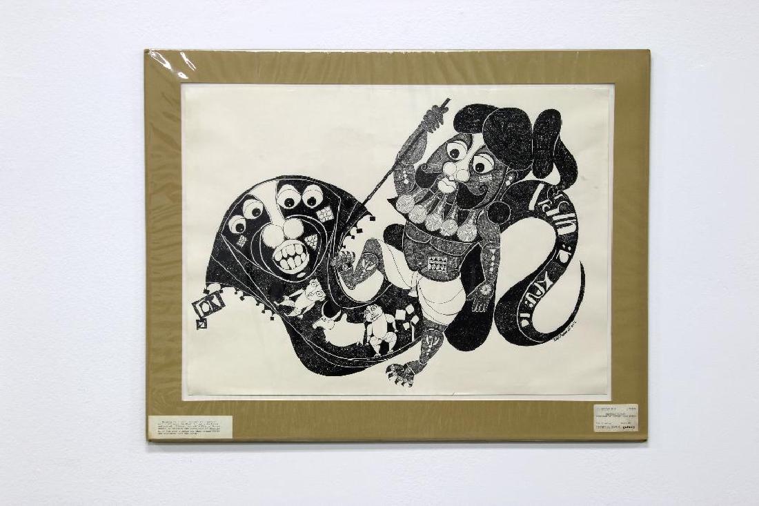 J. Sultan Ali (India) Original Ink Drawing, 1972: J. Sultan Ali (1920-1990) Drushta-Vijaya' (Triumph of Virtue over Evil), 1972. Ink drawing. Unframed; 21 3/4" x 30".